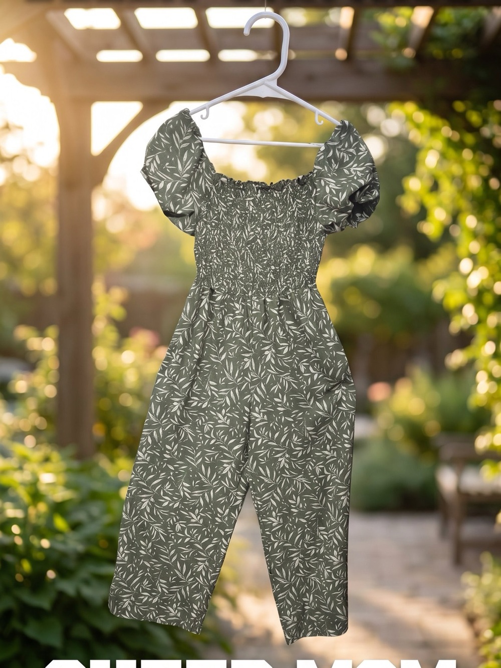 Olive Leaf Print Smocked Jumpsuit with Puff Sleeves